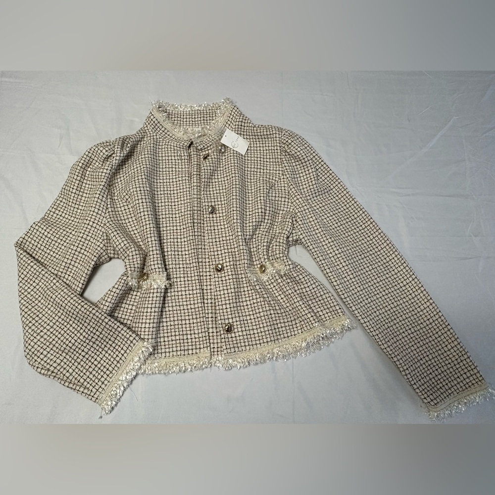 Cato Cream and Black Plaid Tweed Fringe Jacket